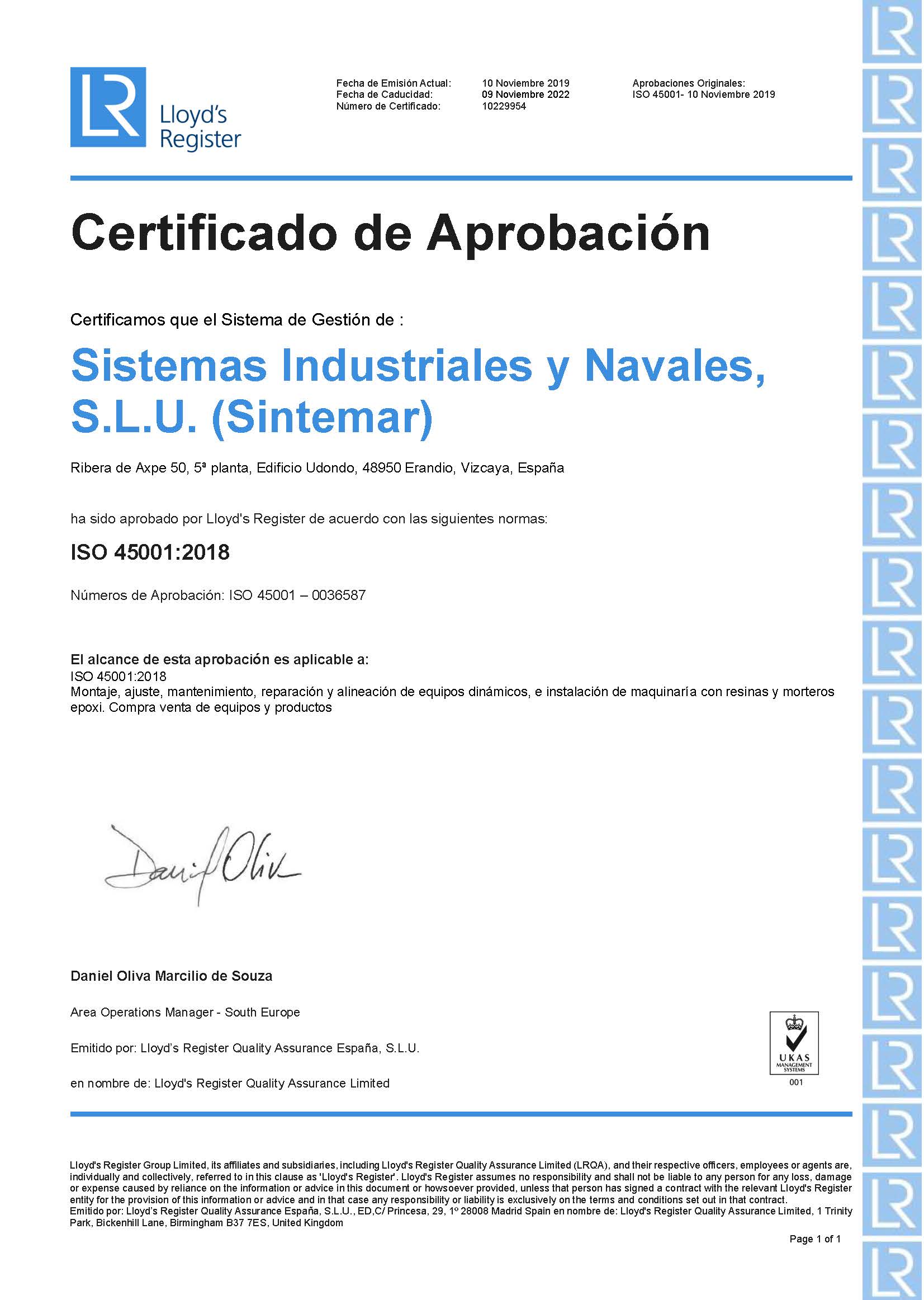 Certificado de aprobación ISO 45001:2018 (Gestión de salud y seguridad laboral) 