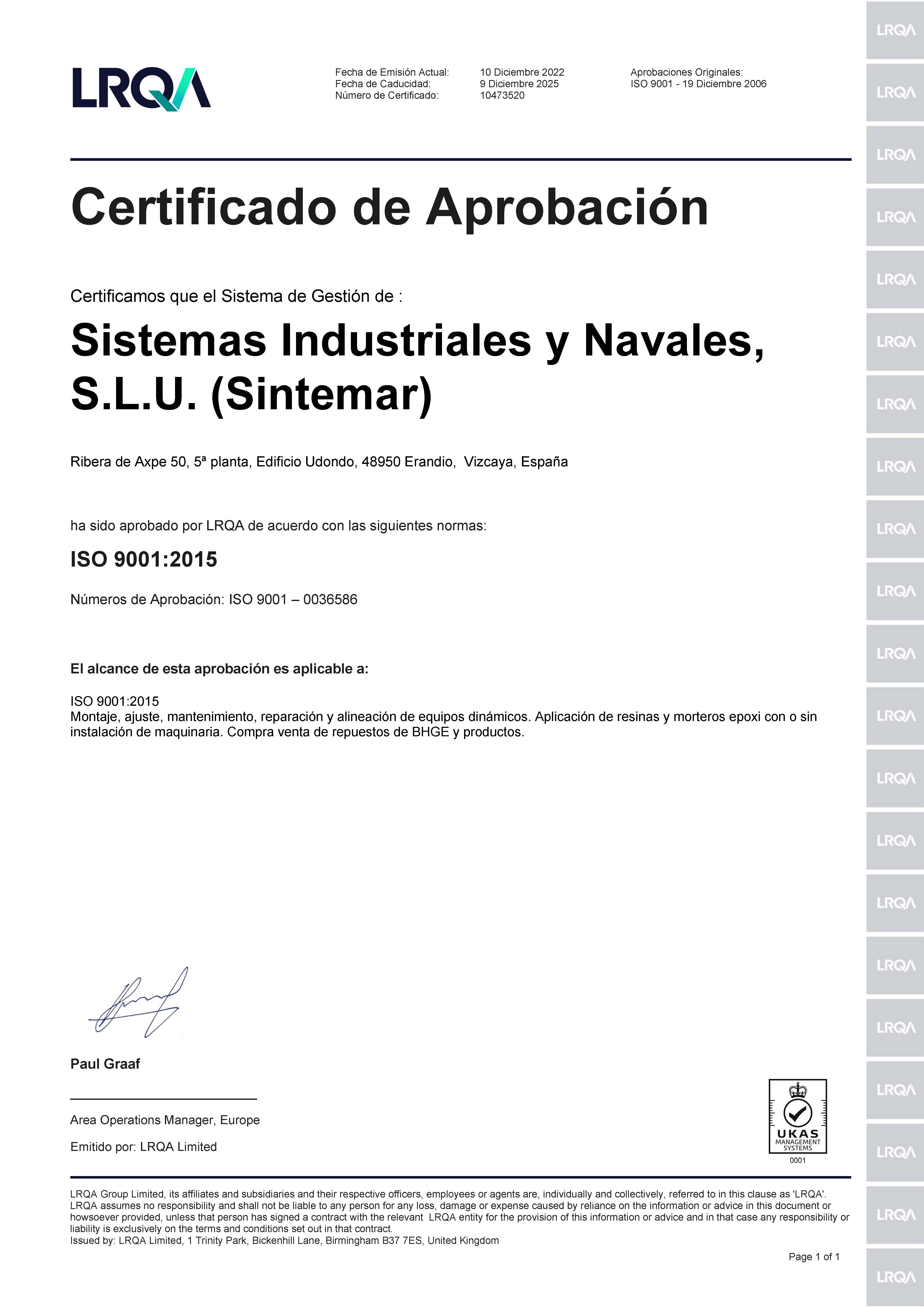 Certificado de aprobación ISO 9001:2015 (Gestión de calidad)