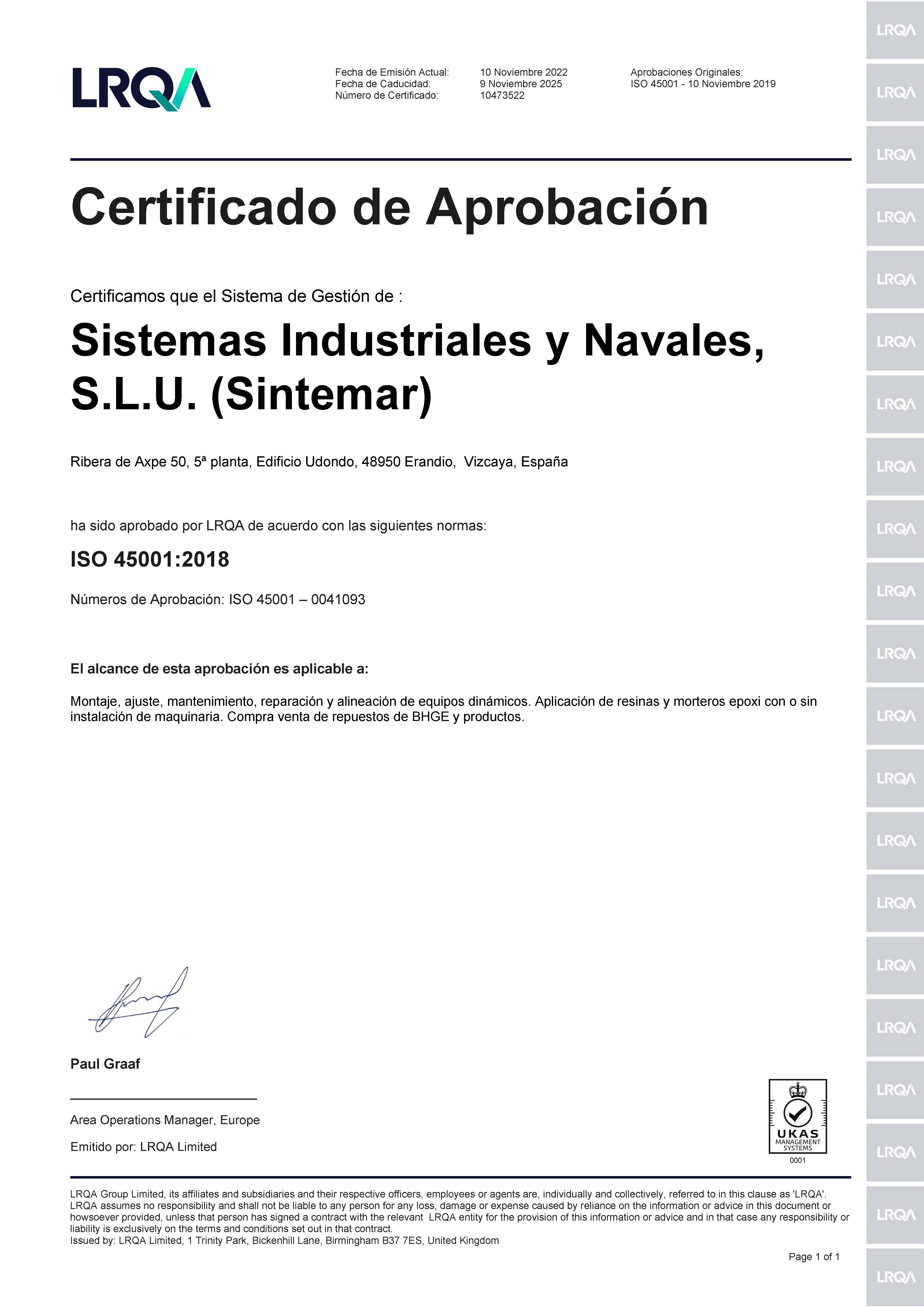 Certificado de aprobación 45001:2018 (Gestión de salud y seguridad laboral)