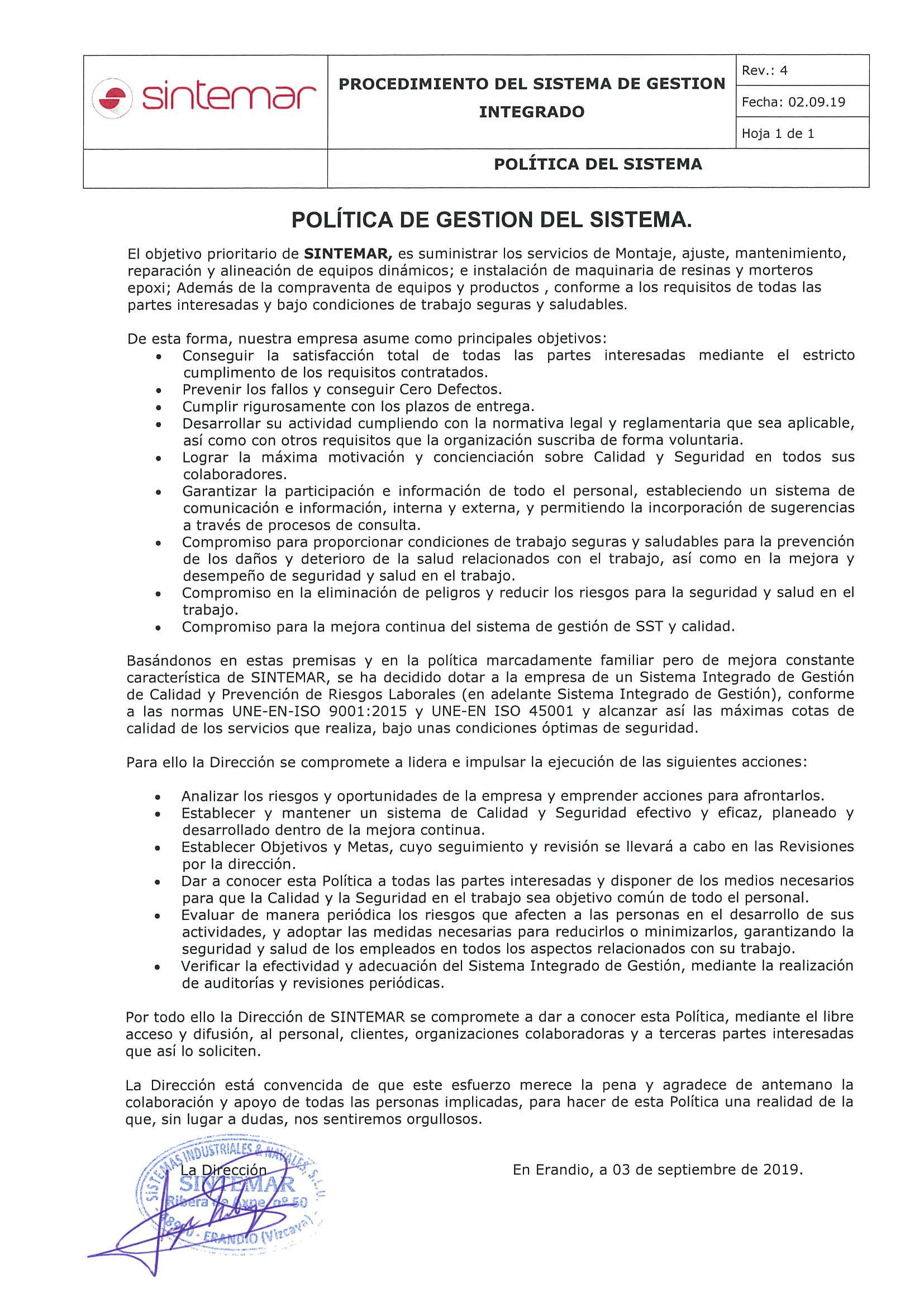 Política de Gestión del Sistema