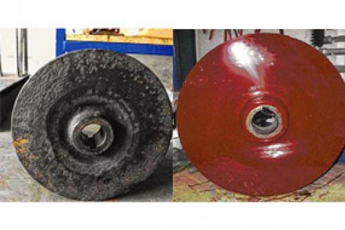 Damaged impeller repair by cold welding with DEVCON Titanium Putty and Ceramic Putty (before and after)